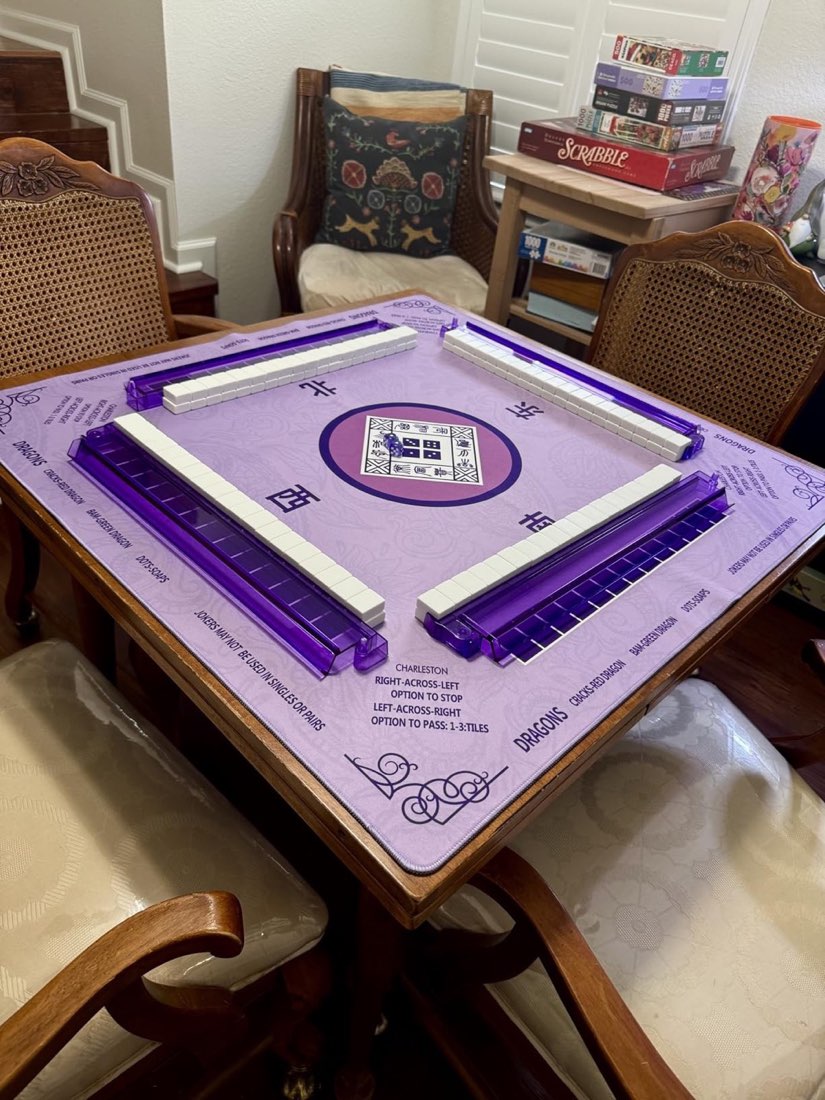 Purple 2F22E mat set up with racks and walls on a card table